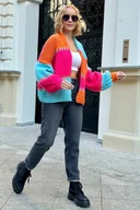 Swetry damskie - Krótki kardigan oversize - niebo/pomarańczowy One size - miniaturka - grafika 1