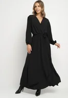 Sukienki - Czarna Kopertowa Asymetryczna Sukienka Koktajlowa z Wiskozą Ozdobiona Paskiem Lanoresa - miniaturka - grafika 1