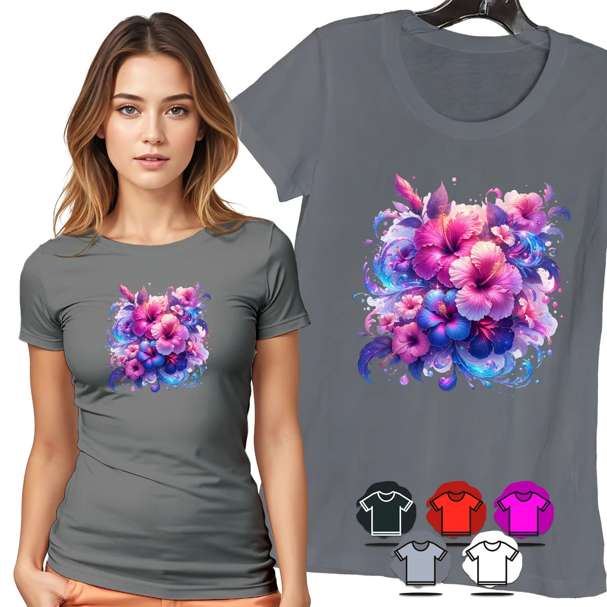 KOSZULKA DAMSKA T-SHIRT - KWIATY RÓŻOWO NIEBIESKIE AKWARELA WZÓR MODNY - 3X