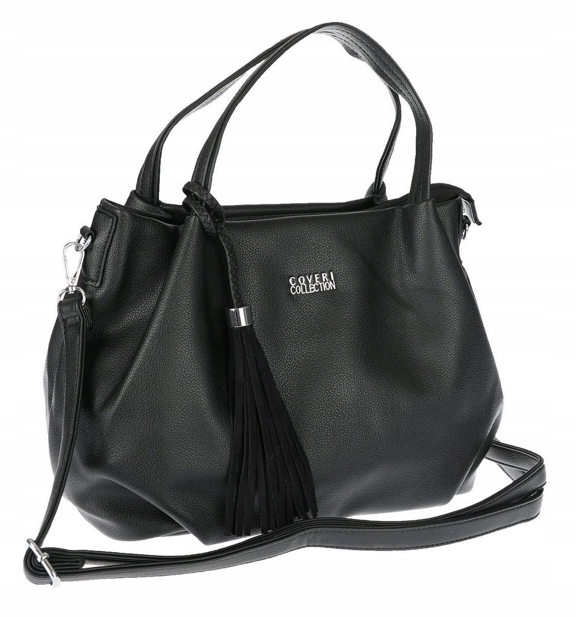 Torebka damska z eko skóry shopper z frędzlami pasek CC50964 Czarna