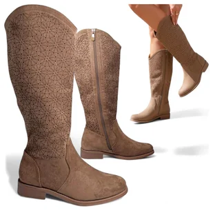 Kozaki Damskie Kowbojki Ażurowe Zamszowe Jesienne Eleganckie Brąz Barski 37 - Botki damskie - miniaturka - grafika 1