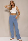Spodnie damskie - Niebieskie Szerokie Spodnie High Waist z Wiskozą Linowena - miniaturka - grafika 1