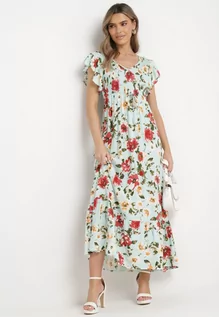 Sukienki - Jasnozielona Rozkloszowana Sukienka Maxi z Wiskozy w Kwiatowy Print Unadis - grafika 1