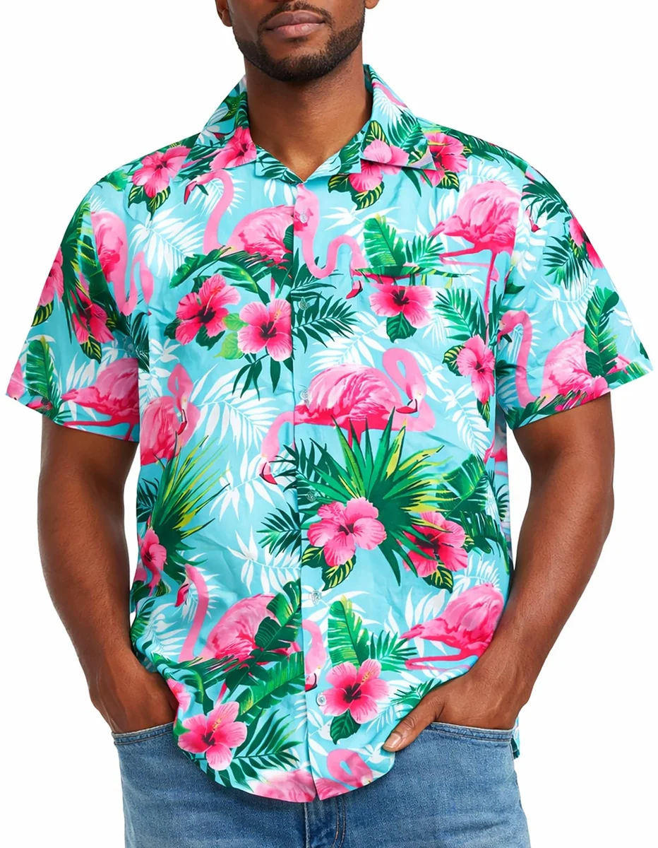 King Kameha Koszula hawajska - koszula z krótkim rękawem - letnia koszula - koszula imprezowa, Flamingoflowers-turquoisepink, XL