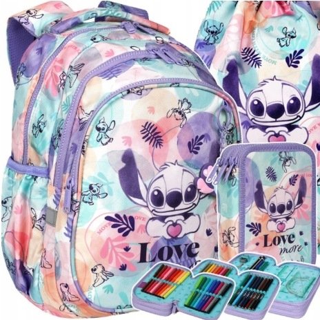 Plecak Szkolny Młodzieżowy Tornister Stich & Lilo Pastelowy Zestaw 3EL