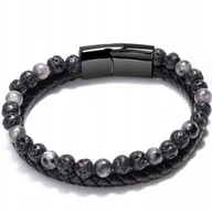 Bransolety męskie - Bransoletka męska pleciona z koralikami 19 cm czarno-szara - miniaturka - grafika 1