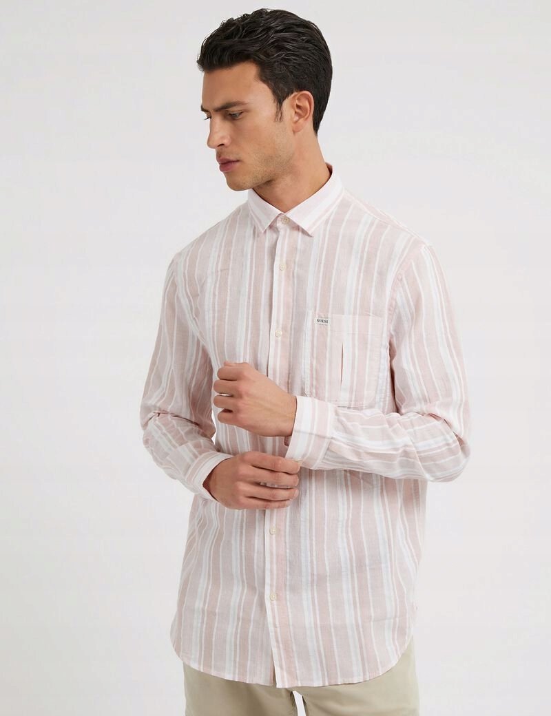 GUESS KOSZULA MĘSKA Z LNEM RÓŻOWA CASUAL W PASKI DŁUGI RĘKAW S 1GGA