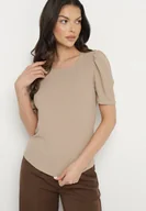 Koszulki i topy damskie - Ciemnobeżowy Prążkowany T-shirt z Zakładkami przy Rękawach Kolanovia - miniaturka - grafika 1