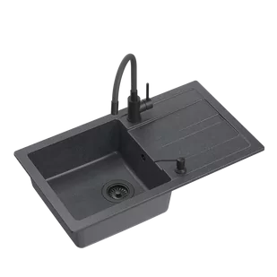 READY- MAX CZARNY zlewozmywak granitowy 1-k z/o (77x44x17,5) + bateria z elastyczną very black + dozownik very black + syfon very black - Baterie kuchenne - miniaturka - grafika 1