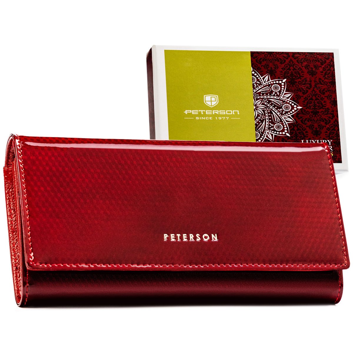 Portfel damski czerwony PETERSON skórzany lakierowany duży elegancki klasyczny na prezent ochrona kart RFID