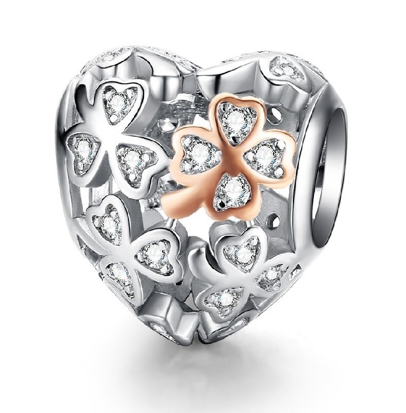 Zawieszka Charms SREBRO 925 Koralik Serce i Koniczynka