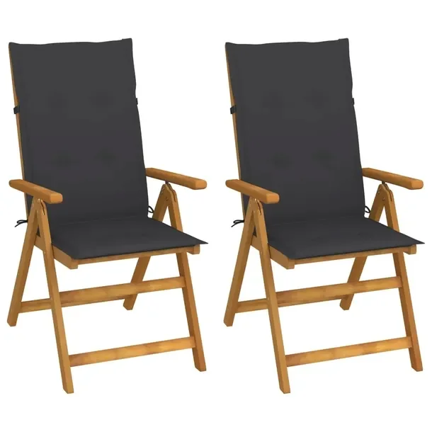Drewniany zestaw 2 rozkładanych krzeseł ogrodowych z poduszkami antracyto