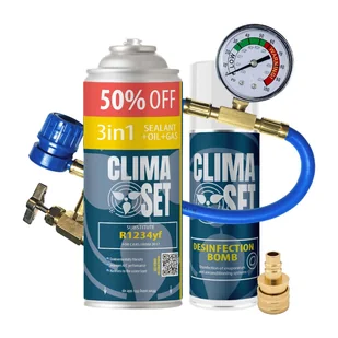 Gaz do klimatyzacji ClimaSet 3w1 R1234yf 470g, z przewodem z manometrem, adapterem R1234yf i odświeżaczem do klimatyzacji - Serwis klimatyzacji - miniaturka - grafika 1