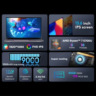 Ninkear A15 Plus 15.6-inch Laptop, AMD Ryzen7 5700U 8 Cores 4.3Ghz, 1920x1080 IPS FHD Screen, 32GB DDR4 RAM 1TB SSD - Laptopy - miniaturka - grafika 6