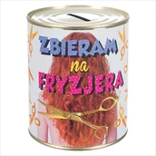 Skarbonki - Skarbonka metalowa z napisem 'Zbieram na fryzjera'. Rozmiar 12x10 cm - miniaturka - grafika 1