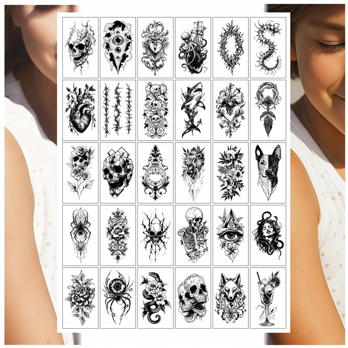 TATUAŻE ZMYWALNE DLA DZIECI WILK CZASZKA PIES REKIN MIX 30 WZORÓW