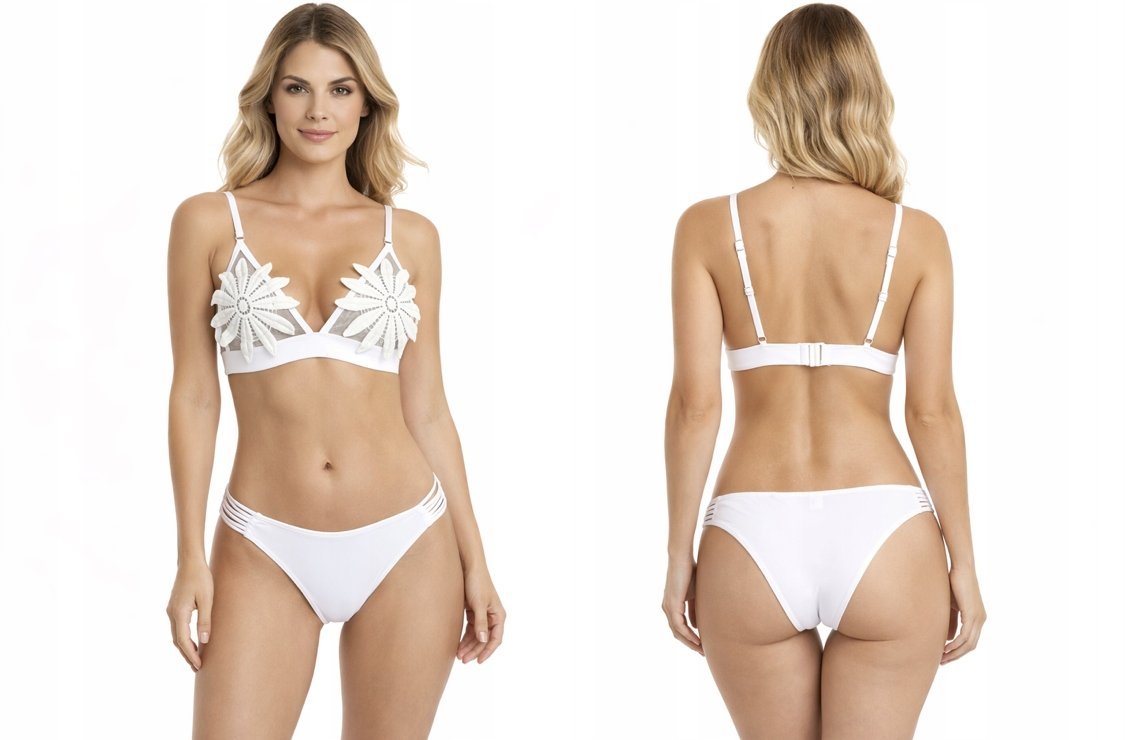 DAMSKI STRÓJ KĄPIELOWY BIKINI BIAŁY KWIATY ELEGANCKI 2-CZĘŚCIOWY