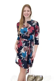Elegancka sukienka z paskiem kwiaty Granatowa 36 - Sukienki - miniaturka - grafika 1
