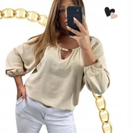 Bluzki damskie - ELEGANCKA BLUZKA ZŁOTY DEKOLT luźna lekka plus size tunika 50 52 5XL 6XL - miniaturka - grafika 1