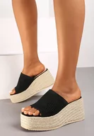 Klapki i japonki damskie - Czarne Klasyczne Klapki na Plecionym Koturnie Nelmarin - miniaturka - grafika 1