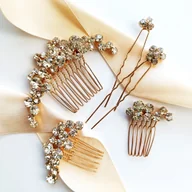Ozdoby do włosów - Złoty komplet ozdób do włosów z cyrkoniami eleganckie wsuwki grzebyki glam - miniaturka - grafika 1