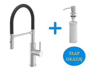 Quadron POP Bateria zlewozmywakowa stalowa ANDY STEELQ z ruchomą wylewką na gumie i funkcją prysznica kolor stal szlachetna/czarny wąż plus dozownik okrągły do płynu KEIRA SteelQ kolor stal szczotkowana - Baterie kuchenne - miniaturka - grafika 1