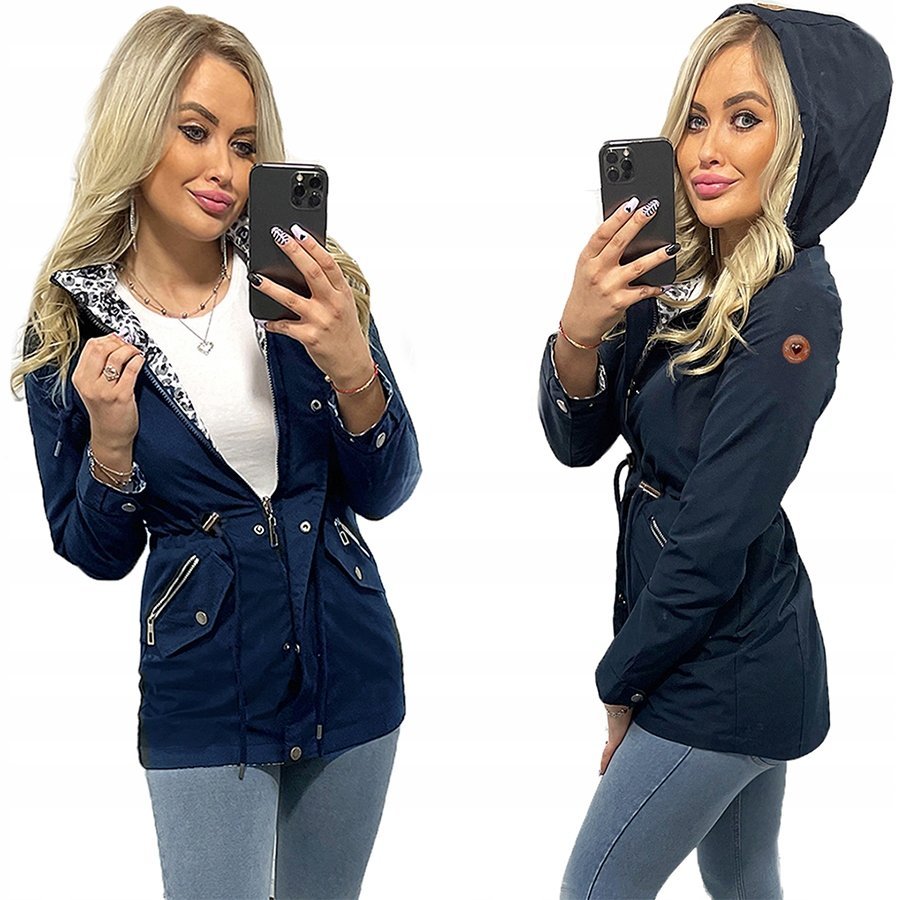 Dwustronna parka damska kurtka z kapturem przejściowa, rozmiar S