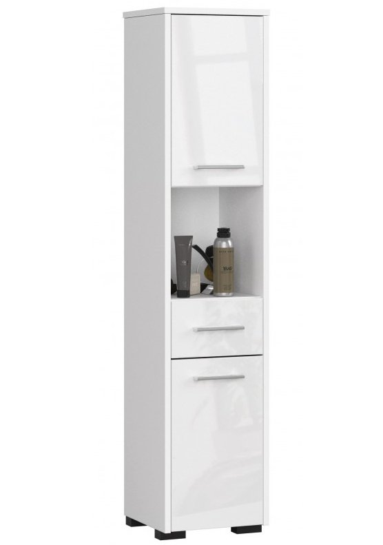 3xEliving KORALIA wysoka szafka łazienkowa z 6 przegrodami i 2 drzwiczkami w kolorze białym/biały wysoki połysk 140x30x30