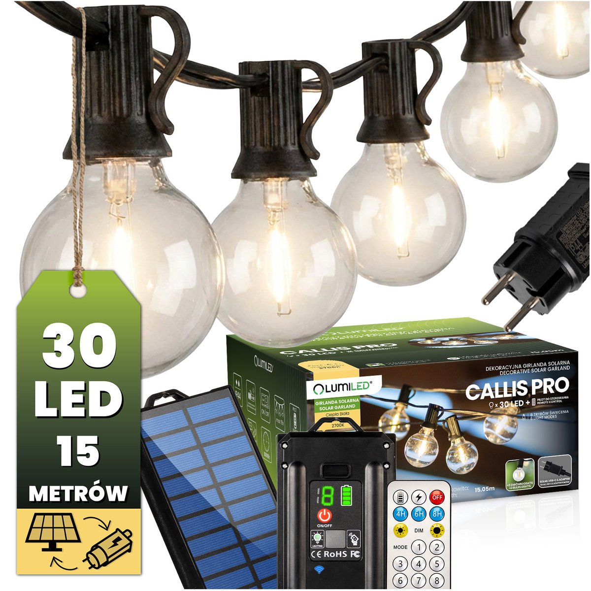 Lumiled Girlanda Solarna Ogrodowa 30x LED Ozdobne Kuleczki 15,05m 2700K Ciepła + Pilot CALLIS PRO