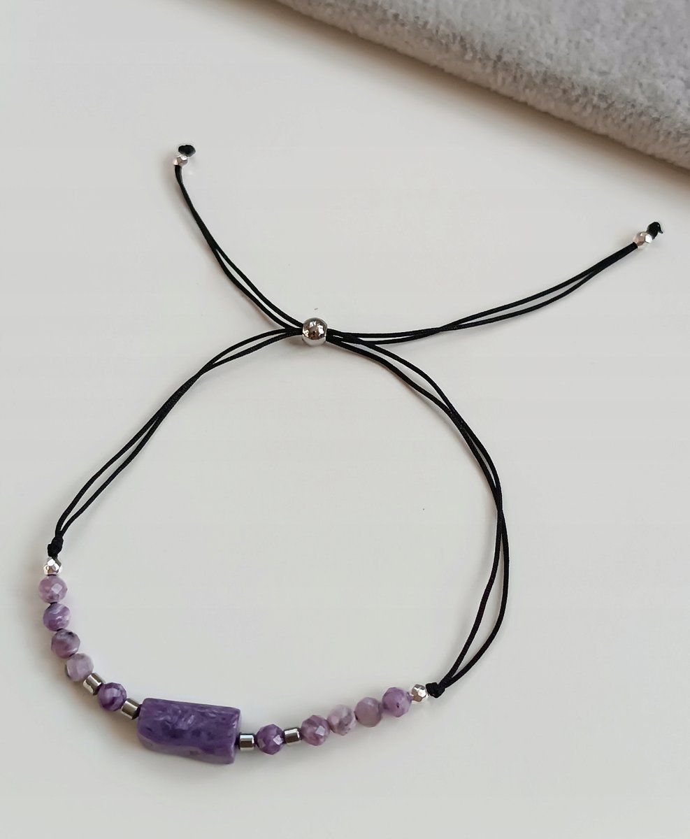 LUKSUSOWA CZARNO FIOLETOWA BRANSOLETKA REGULOWANA CZAROIT STOPER STAL