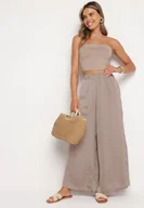 Spodnie damskie - Ciemnobeżowe Szerokie Spodnie z Wiskozy z Wysokim Stanem Rissalie - miniaturka - grafika 1