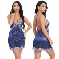 Komplety bielizny - BIELIZNA DAMSKA SATYNOWY KOMPLET KORONKA KOSZULKA NOCNA HALKA STRINGI KOLOR GRANATOWY - miniaturka - grafika 1