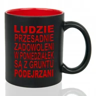 Kubki - Kubek Czarny Wnętrze Czerwone ZADWOLENI Z PONIEDZIAŁKU SĄ PODEJRZNI Wzory - miniaturka - grafika 1