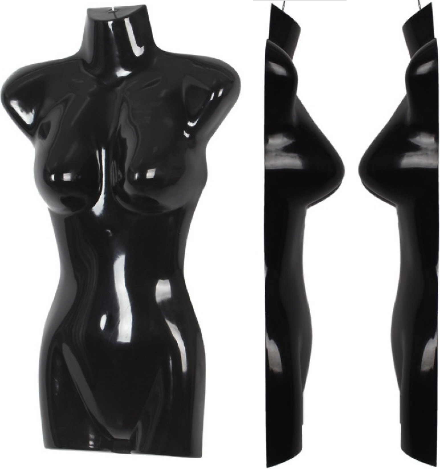 zestaw 3 damskich torsów, plastikowy tors damski 72 cm, 3 części - górna część ciała z tworzywa sztucznego w kolorze czarnym, popiersie manekina, pół plastikowego korpusu damskiego, figurka manekina, manekin ekspozycyjny z haczykami