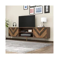 Szafki RTV - Elegancki stojak pod telewizor 155 cm z litego drewna i metalu, praktyczny schowek z dwiema przegrodami i złotymi uchwytami - miniaturka - grafika 1