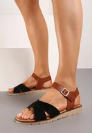 Sandały damskie - Czarne Płaskie Klasyczne Sandały Zapinane na Sprzączkę Jundia - miniaturka - grafika 1
