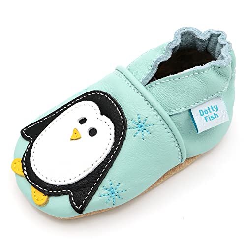 Dotty Fish Miękkie skórzane buty dziecięce dla chłopców. Buty dla maluchów. Antypoślizgowe. Wzory zwierzęce dla chłopców i dziewcząt. 0-6 miesięcy - 4-5 lat, Miętowy niebieski pingwin, 4-5 Lat