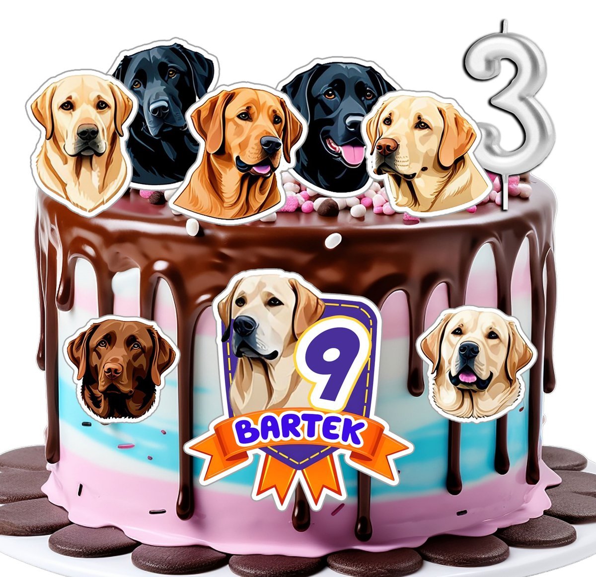 OPŁATEK ZESTAW URODZINOWY POSTACIE NA TORT - PIES Labrador Retriever + IMIĘ