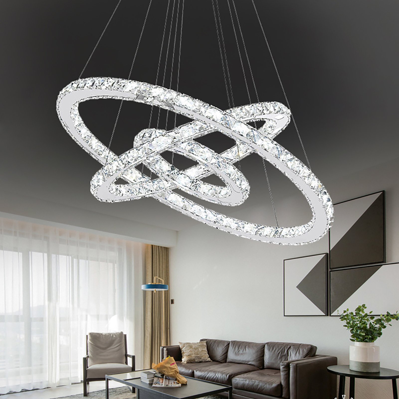 YARDIN 96W LED Nowoczesny kryształowy żyrandol Zimne białe światło wiszące Kreatywna lampa wisząca, 3 pierścienie Regulowana lampa sufitowa Lampa do sypialni