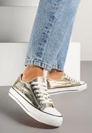 Trampki damskie - Złote Trampki pod Kostkę Ozdobione Napisem i Brokatem Terlevia - Born2be - miniaturka - grafika 1