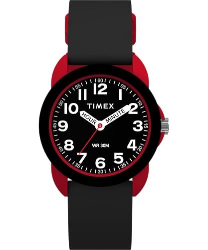 Timex Zegarek dla Dzieci Time Machines 30 mm, Czarny Silikonowy Pasek, Czarna Tarcza, Czerwona Obudowa TW2W91900