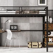 Łóżka dla dzieci i młodzieży - Łóżko na antresoli 90 x 200 cm - ze stołem - z otwartą szafą - 4-stopniowa drabinka bezpieczeństwa - żelazo + płyta wiórowa - czarny (bez materaca) - miniaturka - grafika 1