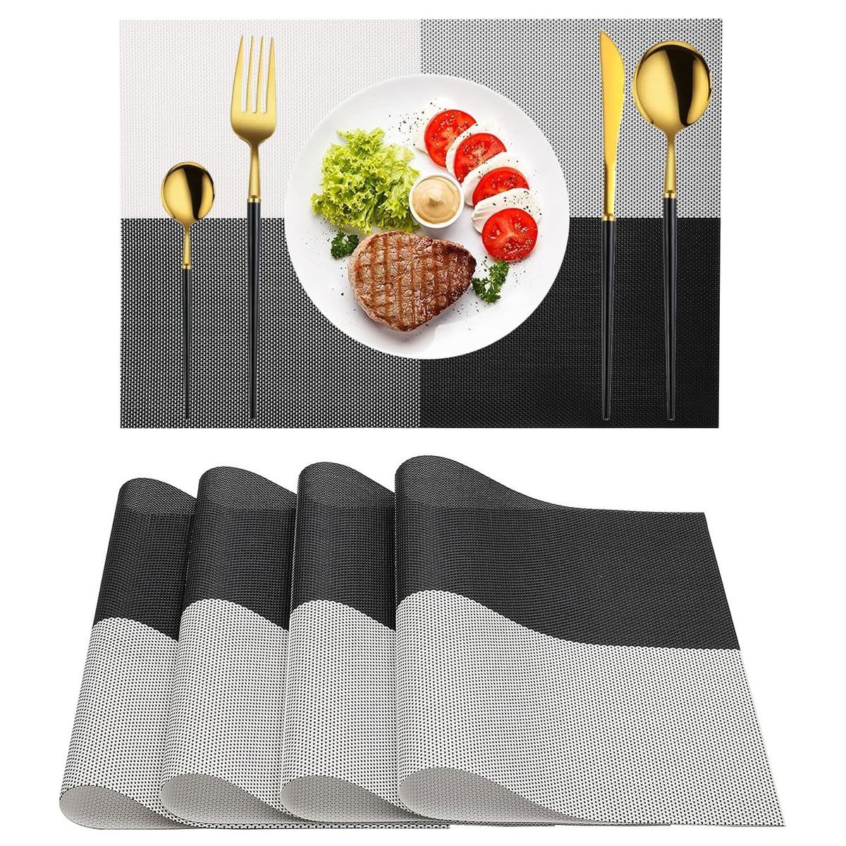 Zestawy podkładek na stół z kratką, 4 sztuki, podkładki z PVC, odporne na pranie, 45 x 30 cm, antypoślizgowe, ciepłe, do kuchni, jadalni i restaurac..