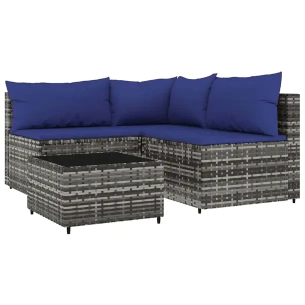 Zestaw wypoczynkowy do ogrodu 7-elementowy szary z poduszkami ciemnoniebies