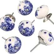 Zawiasy, okucia i inne akcesoria - Ręcznie malowane, białe i niebieskie ceramiczne uchwyty/gałki do drzwi/szafek/szuflad, styl dyni, postarzany wygląd, wzór piwonii. - miniaturka - grafika 1