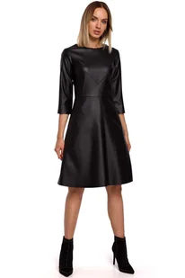 Czarna Rozkloszowana Sukienka z Eko-skóry - Sukienki - miniaturka - grafika 1