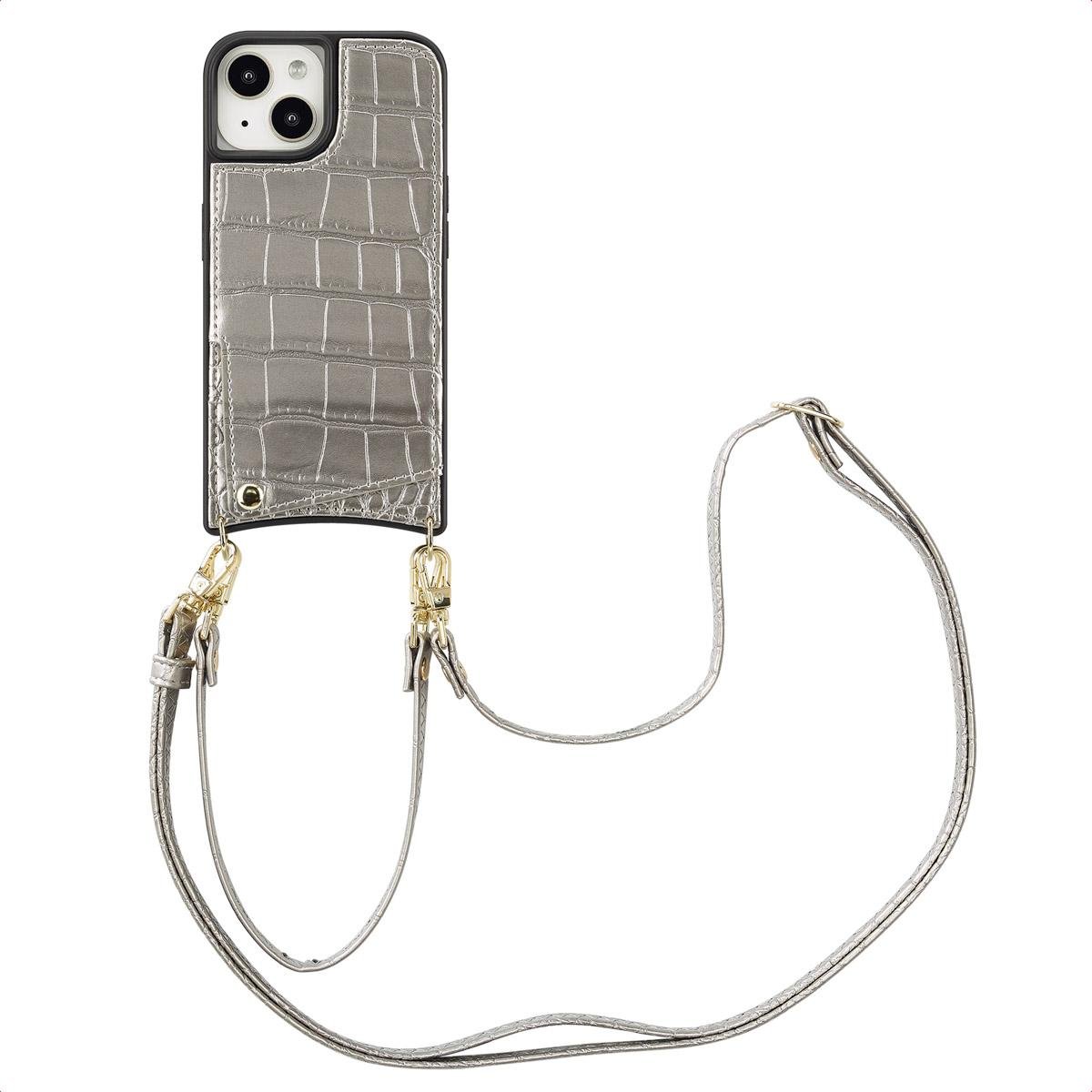 Etui na telefon Selencia Nova Croco ze sznurkiem i uchwytem na kartę do Apple iPhone 15 - srebrne