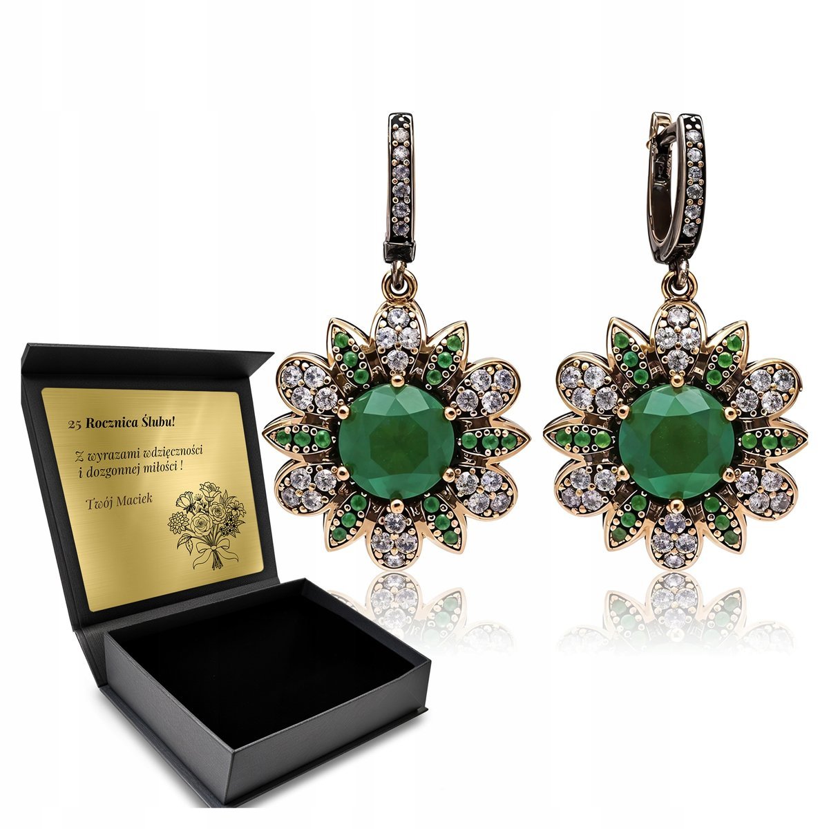 Kolczyki Srebrne 925 Cyrkonie Szmaragd Biżuteria Dla Kobiety + Grawer
