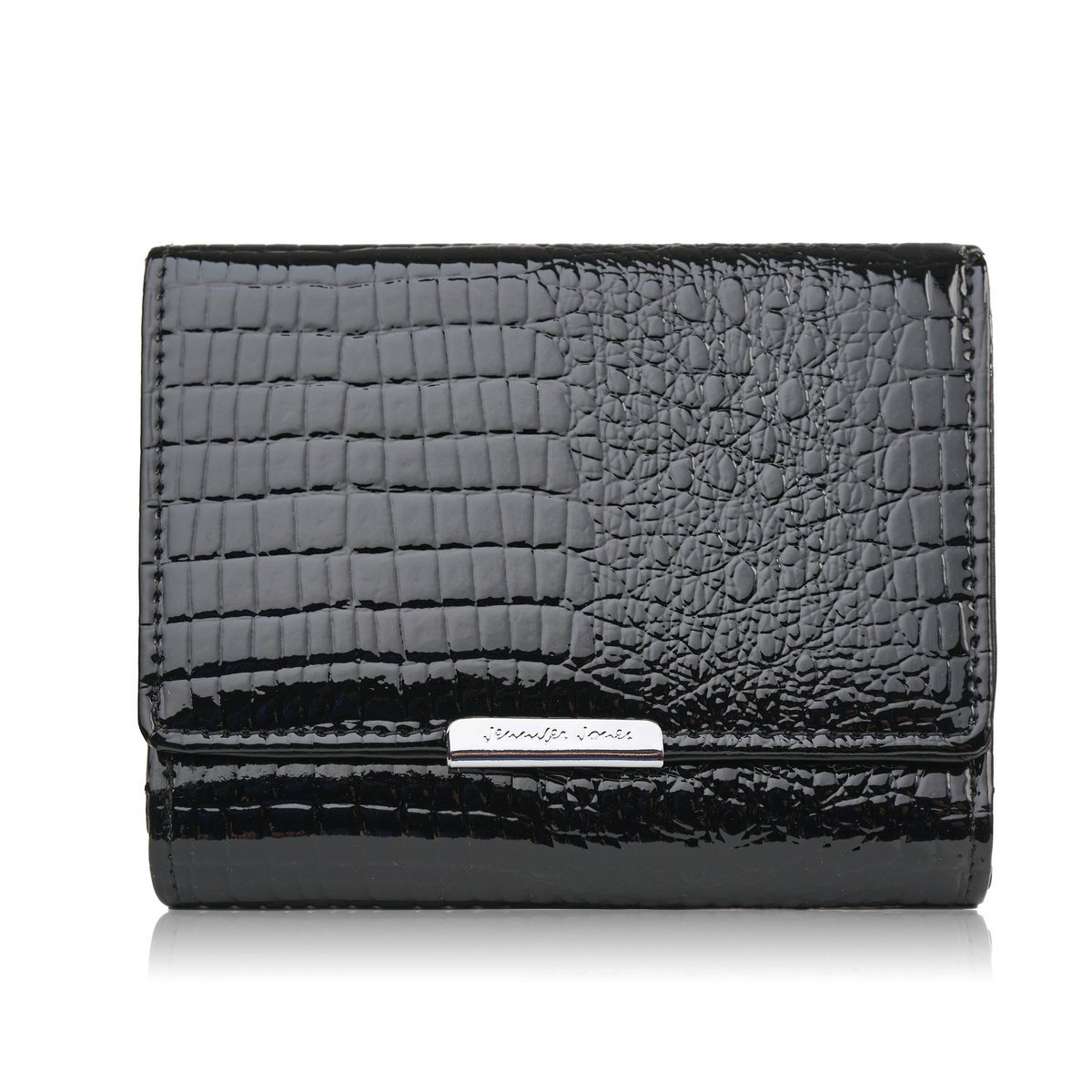 Portfel damski skórzany mały czarny lakierowany croco z ochroną RFID SP-23-CBL