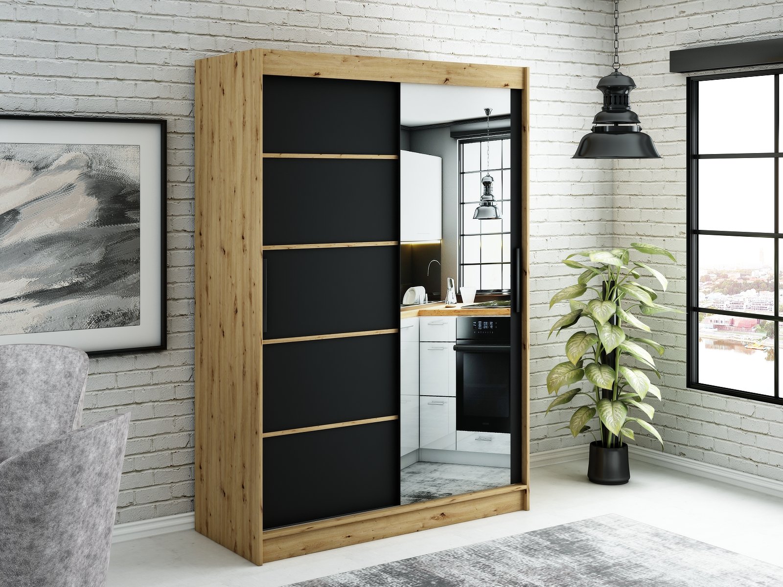 MINIO szafa 150 cm LETO V2 czarny mat / dąb Artisan